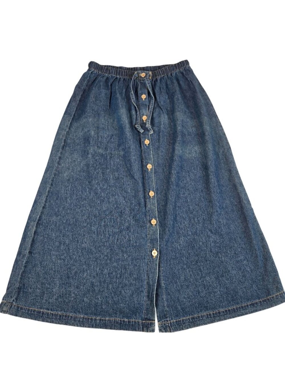 Vintage 90s Denim Jean Skirt Button Front A-Line Womens M Elastic Waist Modest